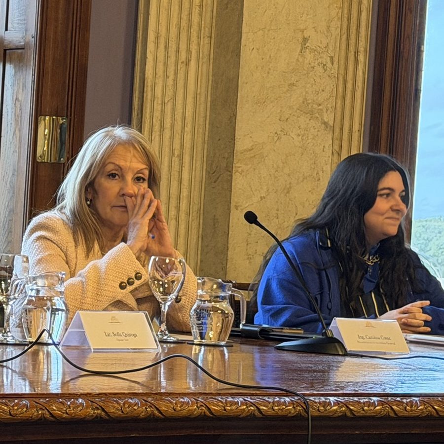 Victoria junto a Carolina Cosse en una mesa en el Palacio Legislativo
